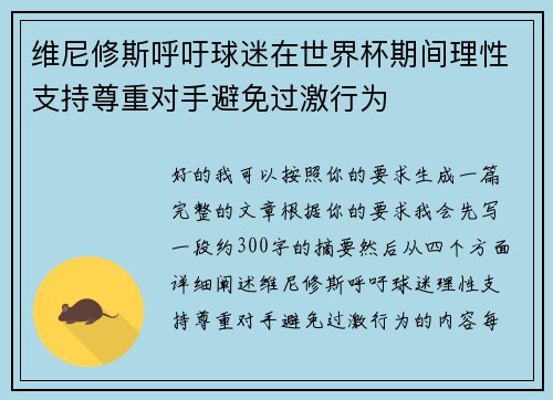 维尼修斯呼吁球迷在世界杯期间理性支持尊重对手避免过激行为
