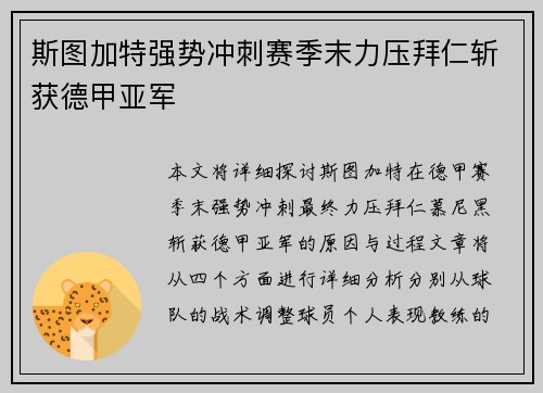 斯图加特强势冲刺赛季末力压拜仁斩获德甲亚军